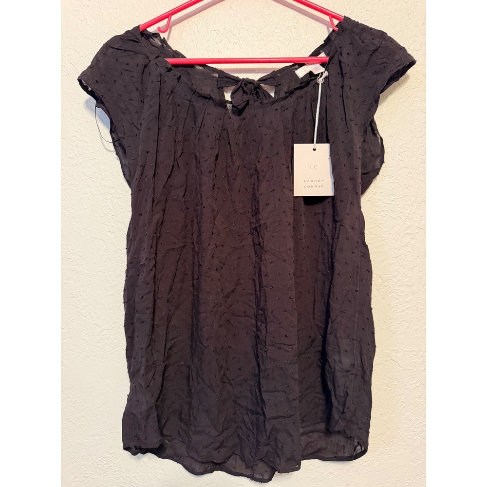 LC Lauren Conrad Black Clip Dot Tie Back Short Sleeve Blouse Top 99336 Small S